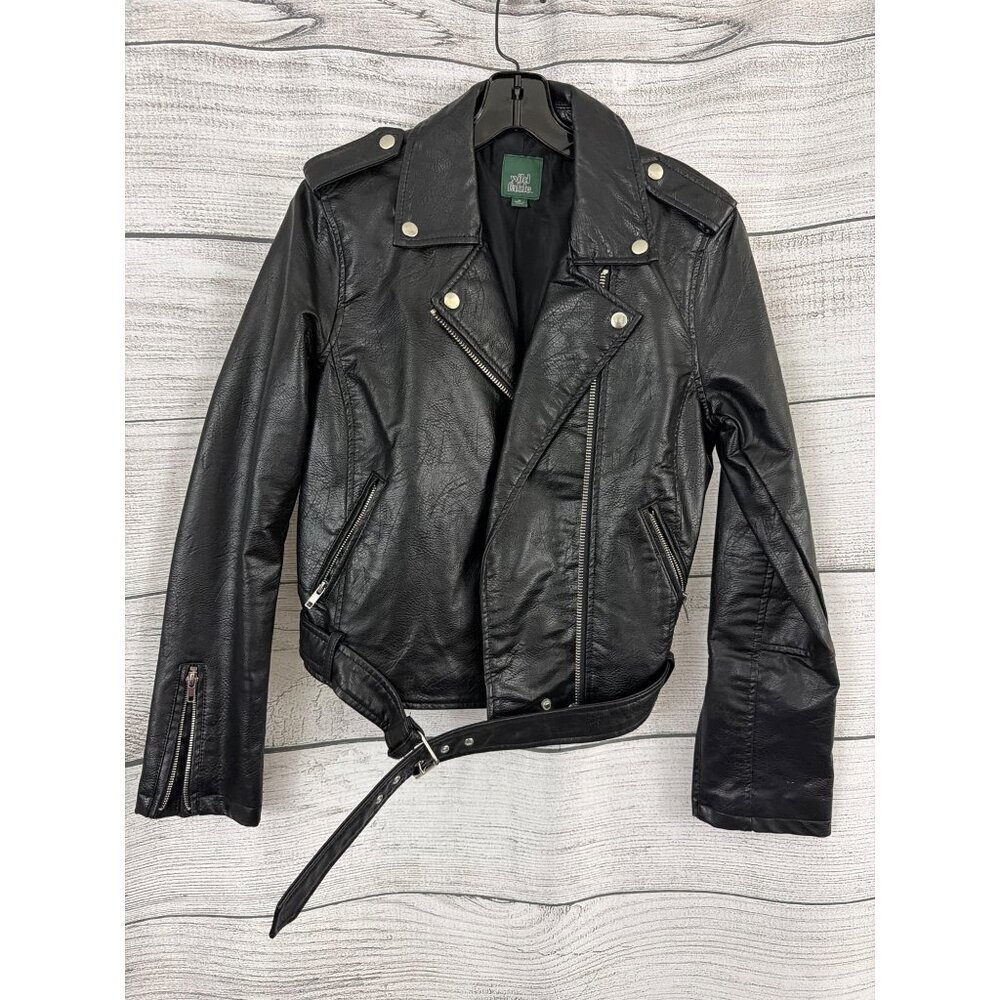 Wild Fable Black Faux Leather Moto Jacket Belted Size M